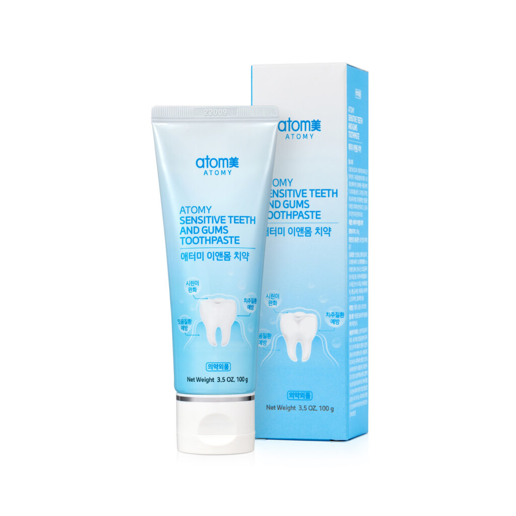 "Atomy Sensitive Teeth and Gums Toothpaste provides gentle relief for sensitive teeth and promotes gum health."